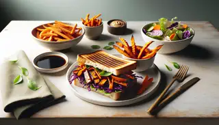 Vegan Asian BBQ toasted sandwich on a white plate, with sweet potato fries and salad, on a wooden table in natural light.