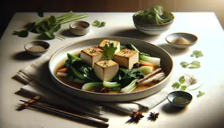 Image of a gourmet vegan dish featuring poached tofu slices on a bed of vibrant Asian greens, garnished with cilantro and sesame seeds, illuminated by natural light.