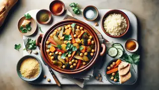 A tantalizing vegan Moroccan tagine: a rich stew with chickpeas, veggies, and aromatic spices, garnished with fresh herbs, served with couscous or crusty bread.