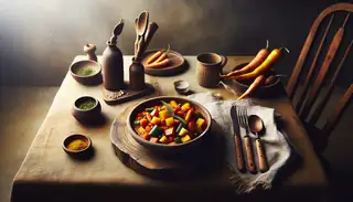 Rustic bowl of Vegan African Spiced Root Vegetable Stew on a simple table, with wooden cutlery and linen napkin, in warm, inviting light.