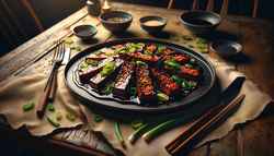 Image of glazed seitan on a minimalist plate, garnished with green onions and sesame seeds, on a rustic wooden table under warm lighting.