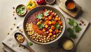 African-inspired dry soup in a simple bowl, featuring millet, sorghum, chickpeas, sweet potatoes, bell peppers, onions, and cilantro garnish. Vibrant and elegantly presented.