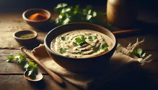 Bowl of creamy African Vegan Wet Sauce Delight on rustic table, surrounded by cilantro, with a wooden spoon.