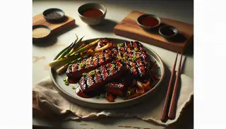 Plate of grilled seitan with a rich marinade, sprinkled with sesame seeds and scallions, on a minimalist wooden table in natural light.