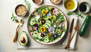 Vegan festive salad with arugula, edible flowers, and sliced vegetables, topped with pine nuts and gold leaf, on a simple elegant table setting.