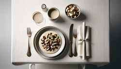 Exquisite Mushroom Medley in luxurious cashew cream sauce on a minimalist table setting, evoking elegance and indulgence.