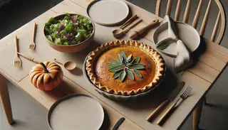 Freshly baked vegan pumpkin and sage pie in a ceramic dish on a rustic wooden table, with a simple green salad.