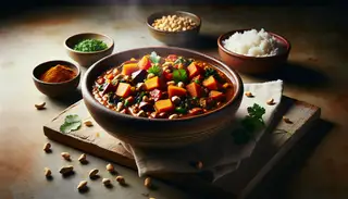 Rustic bowl of vibrant vegan African peanut stew with sweet potatoes, red bell pepper, and greens, garnished with cilantro and peanuts, beside rice and bread.