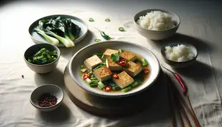 Image of a simple dining table with Sichuan Peppercorn Poached Tofu on a white plate, garnished with green onions, red chilies, and cilantro, plus sides of jasmine rice and steamed greens.