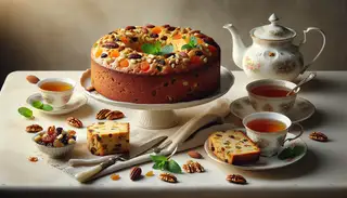 A millet flour cake with nuts and dried fruits, mint garnish, beside a porcelain teapot and cups with herbal tea, on a clean, simple high tea table.