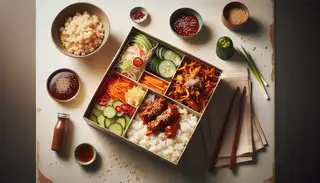 Realistic image of a Bento Box on a clean table, filled with vegan jackfruit, rice, carrots, cucumbers, and scallions, topped with sesame seeds.