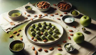 A serene table setting showcasing Vegan Matcha Almond Energy Bites surrounded by almonds, matcha powder, and shredded coconut, inviting a plant-based energy boost.