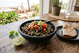 A savory vegan mushroom and black bean mince in a clay bowl with fresh kachumbari and a chapati on a wooden table.