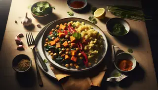 African-inspired vegan dinner plate with millet, vegetables, and spices on a clean modern plate, garnished with cilantro and lemon, on a warm wooden table.