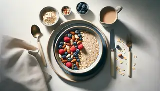 A rustic breakfast spread featuring steel-cut oats topped with nuts and berries on a minimalist table setting.