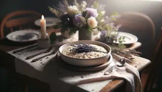 Elegant floral-themed dinner table with creamy lavender-infused vegan risotto in a white bowl, decorated with lavender sprigs and white flowers, under soft lighting.