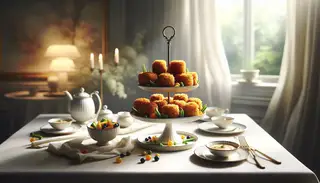Elegant vegan high tea setup with golden fried bites on a porcelain plate, a small bowl for sauce, on a minimalist table with a soft, blurred background.