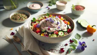 Illustration of 'Floral Sauce Vegan Delight': a minimalist bowl with quinoa, cucumber, red bell pepper, topped with a pink/purple floral vegan yogurt sauce, garnished with mint and cilantro. Neutral background, soft lighting.
