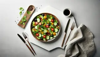 A vibrant and colorful salad bursting with fresh ingredients, beautifully presented on a clean, minimalist table.