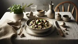 A tantalizing Vegan Mushroom Risotto dish elegantly displayed on a simple table, highlighting the rich umami flavors.