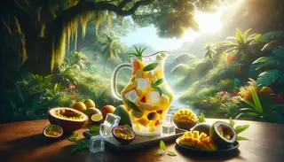 Imagine a tranquil scene set in a lush African landscape. You find yourself seated at a table, engulfed by vibrant greenery. A pitcher of a delightful African fruity drink sits atop the table, filled to the brim with tropical fruits such as mango, pineapple, and passion fruit. Ice cubes float within, catching and reflecting sunlight in a mesmerizing manner. Slices of fresh fruits are meticulously organized by the side, adding a splash of color to the already vibrant setting. Notice the emphasis on sustainability and local sourcing of ingredients which contributes to the drink's eco-friendly nature. As you bring the glass to your lips, you are greeted by the tantalizing aroma of coconut water, edged with a hint of lime, inviting you to partake. Experience invigoration with each sip of this exquisite beverage, as the distinct refreshing flavors transport you into a tropical paradise.