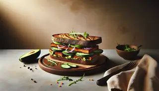 Gourmet vegan sandwich with crispy tempeh, avocado, and arugula on toasted bread, presented on a minimalist table.