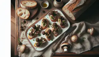 Rustic wooden table set with elegant Vegan Truffle Mushroom Crostini on a white plate, adorned with truffle oil and fresh parsley. French bread loaf toasted perfectly.
