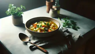 A cozy table setting with a hearty vegetable soup featuring potatoes, carrots, and celery, garnished with fresh parsley.