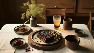 A natural table setting with Scorched Maple Glazed Tempeh and a scorched drink, minimal garnishes, focusing on the enticing, smoky meal.
