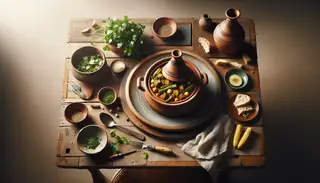Vegan Moroccan tagine in a traditional pot on a wooden table, surrounded by minimal accessories, highlighting the dish's vibrant colors.