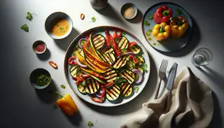 Image of a vibrant vegan salad with charred zucchini, bell peppers, carrots, and red onions, topped with sesame seeds and cilantro on a minimalist table.