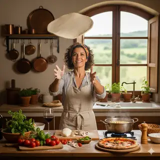 Isabella in a cozy, sunlit kitchen, tossing vegan pizza dough in a rustic setting.
