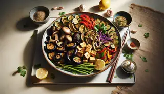 Vegan Asian Meze Platter on a minimalist table, featuring caramelized shiitake mushrooms, tofu, eggplant, red bell pepper, seasoned with spices, garnished with herbs and lemon wedges, in natural light.