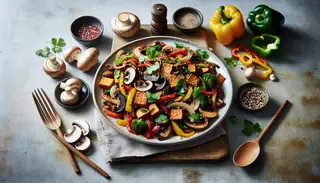 Vibrant kitchen scene featuring 'Savory Mushroom & Tempeh Stir-Fry' with assorted mushrooms, bell peppers, onions, and cilantro garnish.
