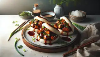 Vegan BBQ Bao Buns filled with caramelized jackfruit, garnished with green onions, cilantro, and sesame seeds, presented on a minimalist table.