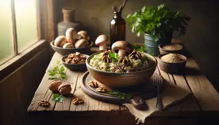 Vegan mushroom and walnut pilaf in an earth-colored bowl on a wooden table, surrounded by walnuts, mushrooms, and parsley, with soft natural lighting.