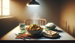 A minimalist dining table featuring a steaming bowl of Vegan Sichuan Mapo Tofu garnished with green onions, alongside perfect jasmine rice and fluffy naan, in a warm, inviting light.