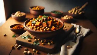 Bowl of vibrant vegan sweet potato and peanut stew with cilantro and peanuts on a wooden table, in soft natural light.