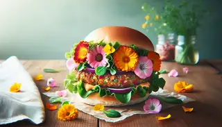 Vegan burger on a wooden table, topped with lettuce and colorful edible flowers, with a chickpea-quinoa patty visible.