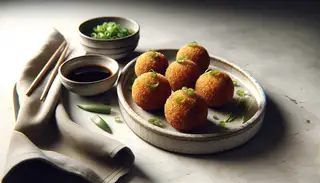 Vegan Asian-inspired Arancini Balls on a ceramic plate with soy sauce dip and green onion garnish, set on a minimalist table.
