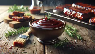 Bowl of vegan BBQ sauce on a wooden table, with a basting brush, herbs, and blurred seitan pieces in the background.