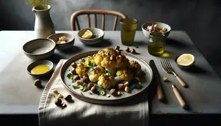 Elegant dining setting with a neatly presented roasted cauliflower topped with a colorful nutty gremolata on a minimalist table, under soft, natural-like lighting.
