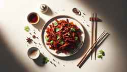 Peppery Asian BBQ Jackfruit Image of peppery Asian BBQ jackfruit on a white plate, resembling pulled pork with a shiny glaze, garnished with cilantro and sesame seeds, accompanied by bamboo chopsticks.