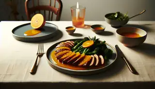 Image of a vegan dinner scene featuring 'Vegan Pulse-based Duck à l'Orange' as the main dish, with seared pulse slices in orange sauce, accompanied by steamed greens, set on an elegantly simple table under natural light.