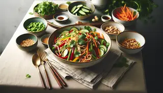Vibrant Vegan Asian Noodle Salad in a simple bowl, highlighted by colorful vegetables and peanuts, on a minimalistic buffet table with refined natural decor.