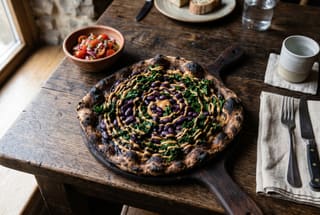 Swahili Jiko-Seared Teff Pizza Artisan teff pizza with black beans, green sukuma wiki, and groundnut sauce on a wooden table.