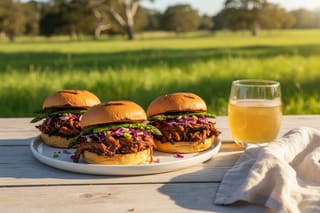Smoked Miso-Hoisin King Oyster Sliders with charred asparagus and slaw on a rustic table in a sun-dappled California meadow.