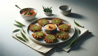 Golden brown vegan bitter leaf fritters on a sleek dish, with spicy tomato sauce in a small bowl, set on an elegant, simple table with a neutral background.