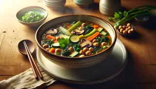 Rustic bowl of Asian-inspired minestrone soup on a wooden table, featuring vibrant vegetables and minimalist garnishes, with chopsticks and spoon.