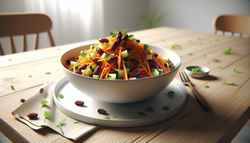 Colorful vegan African spiced carrot and bean salad in a white bowl on a minimalist wooden table.